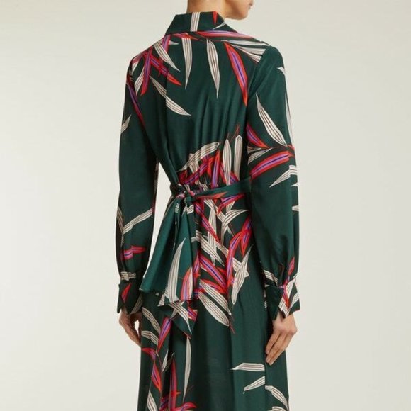 $468 DIANE VON FURSTENBERG QUINCY HUNTER PALM LEAVES SILK WRAP EFFECT MIDI DRESS - Picture 5 of 16
